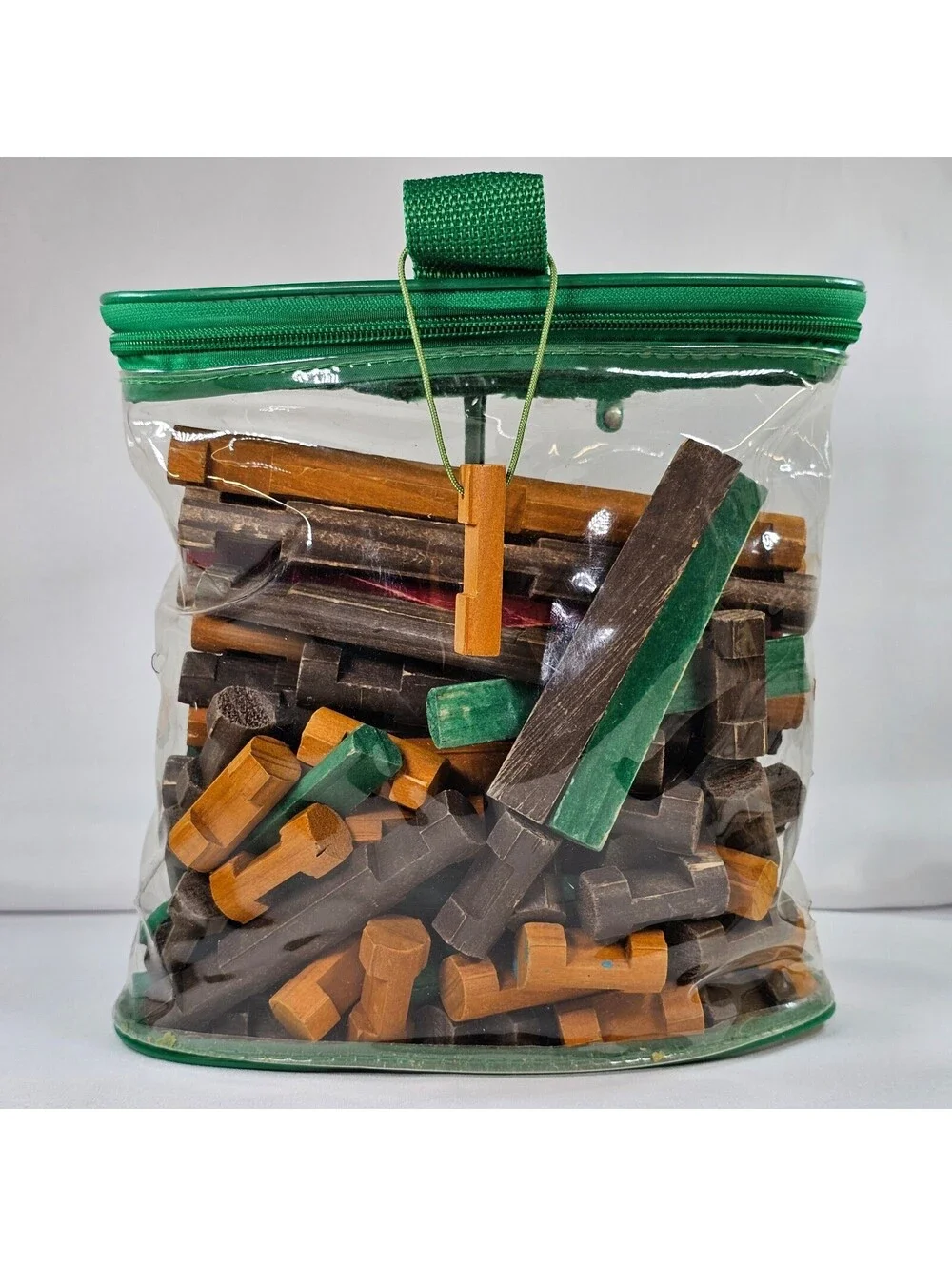 Vintage Lincoln Logs Red Wood Real Wood Building Logs Set in Clear Carrying Bag